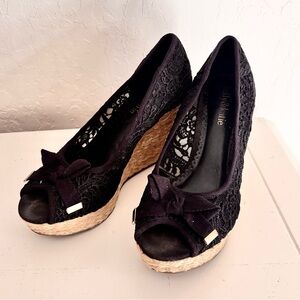 Kelly & Katie Black Lace Espadrille Wedge Peep Toe Sandals, Size 6.5